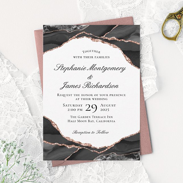 Invitation Élégant Agate noir blanc Rose or Mariage d'huile (Créateur téléchargé)