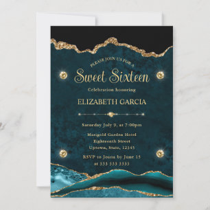 Invitation Élégant Agate Turquoise et Paillettes Dorées Sweet