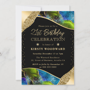 Invitation Elégant Agate Vert et Bleu 21e anniversaire
