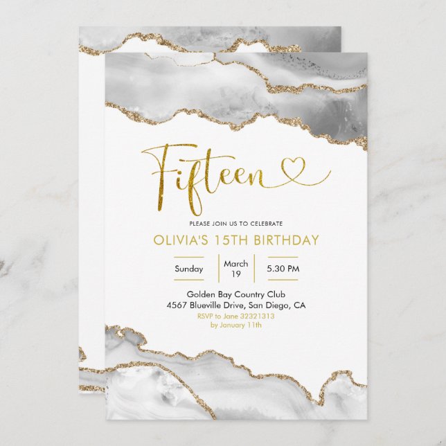 Invitation Elégant âge blanc et or Quinze Anniversaire (Devant / Derrière)