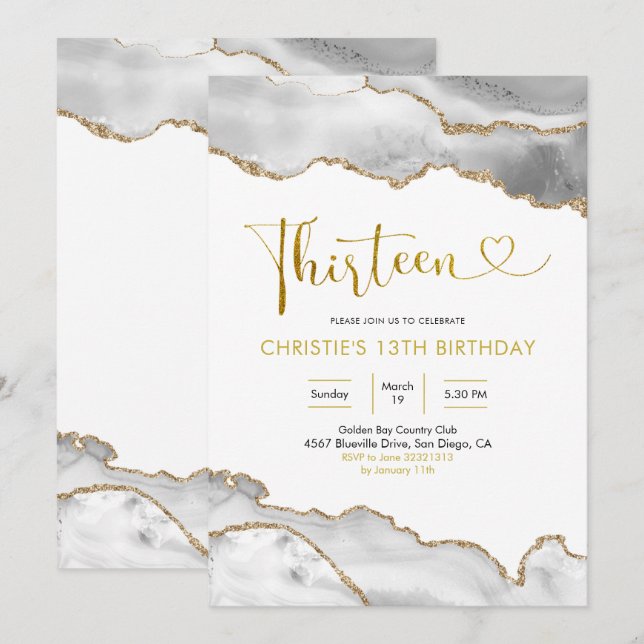 Invitation Élégant âge blanc et or Treize Anniversaire Inv (Devant / Derrière)