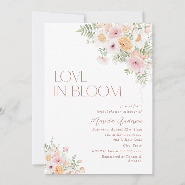 Invitation Elégant Aimer aquarelle dans Blooom Fleurs roses B (Devant)