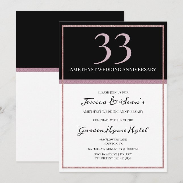 Invitation Élégant Améthyste et Noir 33e anniversaire Mariage (Devant / Derrière)