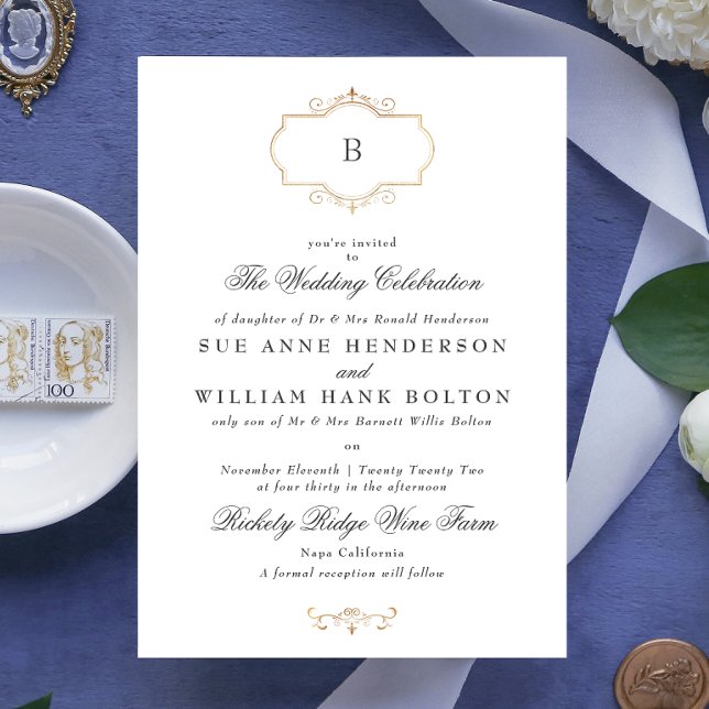 Invitation élégant ancien classique or monogramme mariage (Créateur téléchargé)