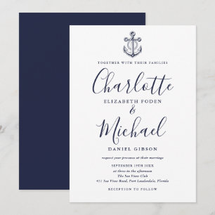 Invitation Élégant Ancre bleu marine  nautique Mariage