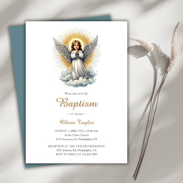 Invitation Élégant Ange Blanc Religieux Baptême chrétien (Elegant White Angel Religious Christian Baptism Invitation)