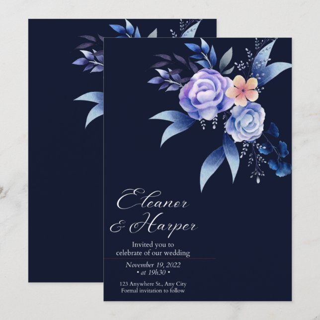 Invitation élégant angle peony wreath marine bleu mariage (Devant / Derrière)