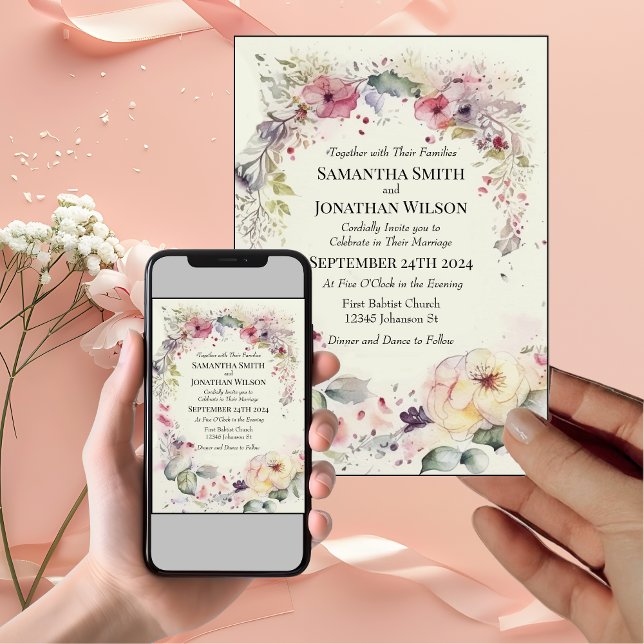 Invitation Élégant anneau de fleurs Mariage couleur de l'eau (Créateur téléchargé)