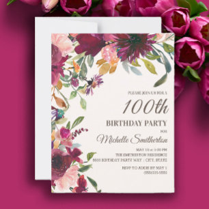 Invitation Elégant Anniversaire 100 ans Fleurs Rose Violet Or
