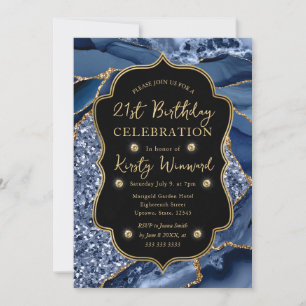 Invitation Élégant Anniversaire 21 ans Bleu & Or Paillettes A
