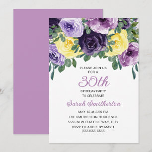 Invitation Élégant Anniversaire 30 ans Fleurs Violettes Jaune
