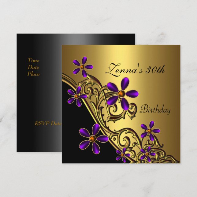 Invitation Élégant Anniversaire 30 Ans Noir Violet Or Floral (Devant / Derrière)