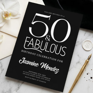 Invitation Élégant Anniversaire 50 Ans & Fabuleux Noir Et Bla