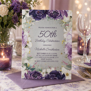 Invitation Elégant Anniversaire 50 ans Fleurs Paillettes Viol