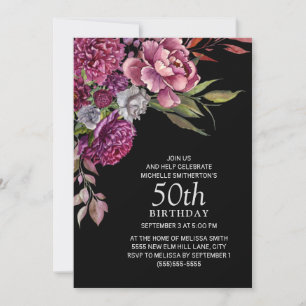 Invitation Elégant Anniversaire 50 ans Fleurs Violettes Roses