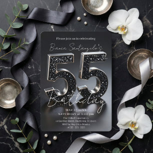 Invitation Élégant Anniversaire 55 Ans Paillettes Noires Et A