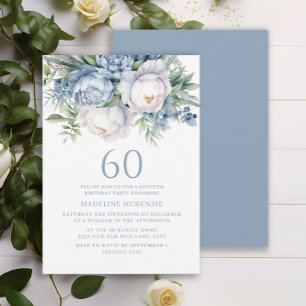 Invitation Elégant Anniversaire 60 ans Bleu Poussiéreux Blanc