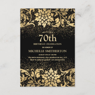 Invitation Elégant Anniversaire 70 Ans Fleur Glitter Or Noir