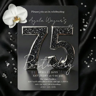 Invitation Élégant Anniversaire 75 Ans Paillettes Noires 3D