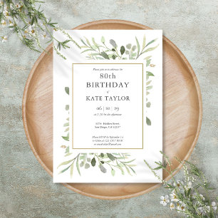 Invitation Élégant Anniversaire 80 ans Gold Watercolour Green