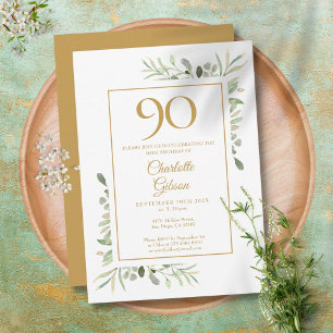 Invitation Élégant Anniversaire 90 Ans Aquarelle Dorée Végéta