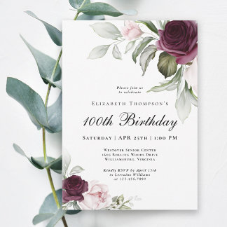 Invitation Élégant Anniversaire Botanique Aquarelle 100 Ans
