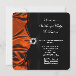 Invitation Elégant Anniversaire Brûlé Orange Soie Look Noir 2