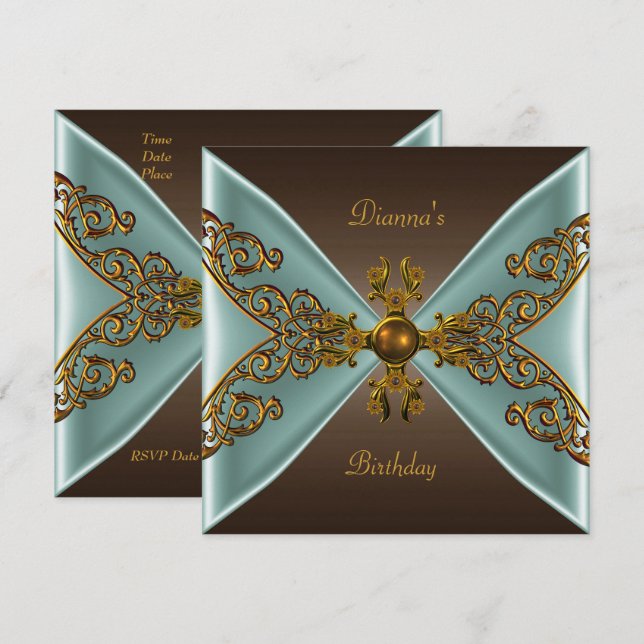 Invitation Elégant Anniversaire Café Brown Vieux Or Turquoise (Devant / Derrière)
