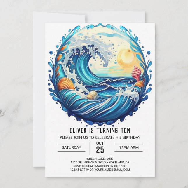 Invitation Élégant Anniversaire de enfant de vagues de plage (Devant)