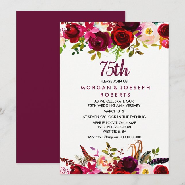 Invitation Élégant Anniversaire de Mariage 75 ans Floral Bour (Devant / Derrière)