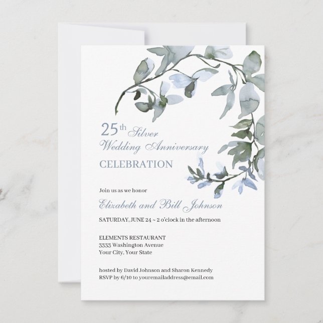 Invitation Élégant Anniversaire de Mariage de 25 ans aux Fleu (Devant)