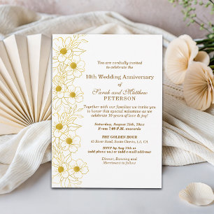 Invitation Élégant Anniversaire de Mariage Fleurs Or 10 ans