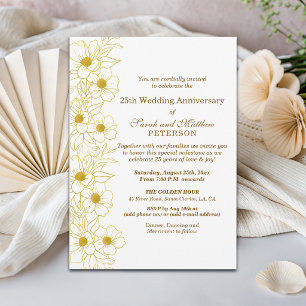 Invitation Élégant Anniversaire de Mariage Fleurs Or 25 Ans