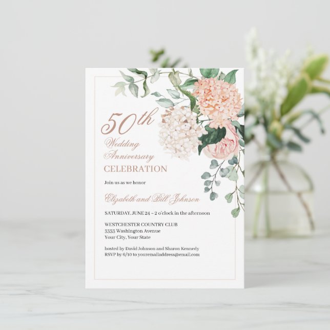 Invitation Élégant Anniversaire de Mariage Fleurs Rose Or (Debout devant)