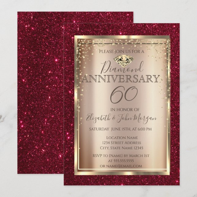 Invitation Élégant Anniversaire de Mariage Paillettes Rouges  (Devant / Derrière)