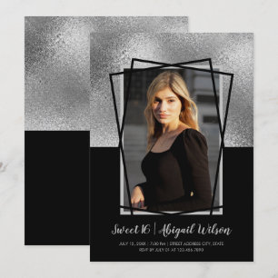 Invitation Elégant anniversaire de sweet sixteen noir argent 