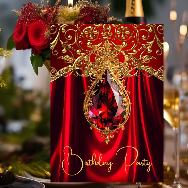 Invitation Elégant Anniversaire Exotique Regal Red Gold Jewel (Créateur téléchargé)