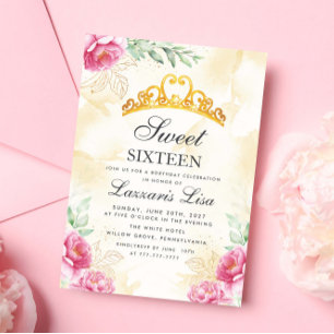 Invitation Elégant Anniversaire Fleur Rose Sucré Seize Or 