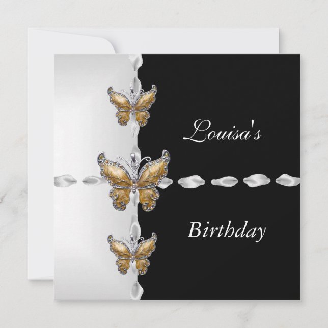 Invitation Elégant Anniversaire Noir Blanc Or Bronze Papillon (Devant)