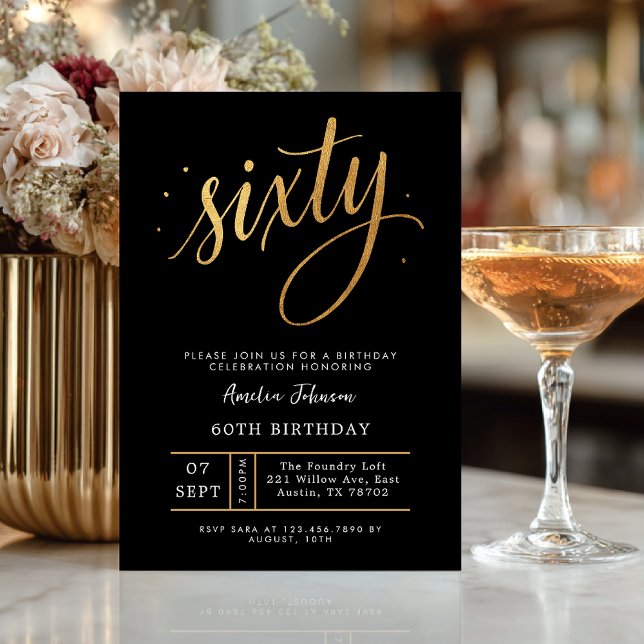 Invitation Elégant Anniversaire Noir & Or Script Soixante 60  (Celebrate sixty in elegant style with this luxurious black and gold invitation.)