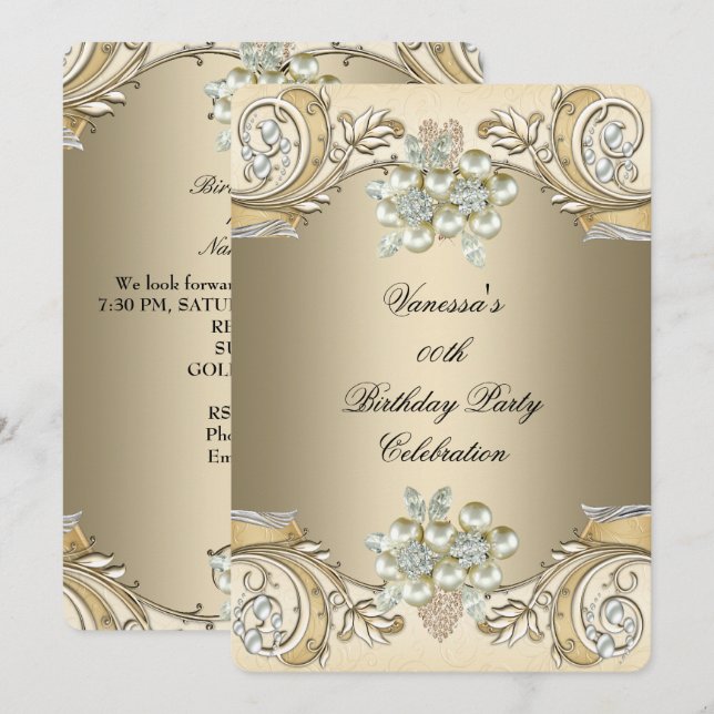 Invitation Elégant Anniversaire Pearl Sepia Coffee Gold (Devant / Derrière)