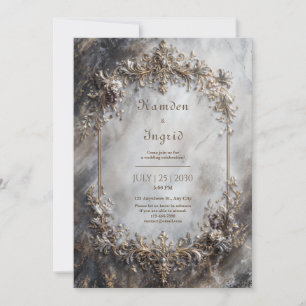 Invitation Élégant Antique Argent Or Baroque Mariage Marbre