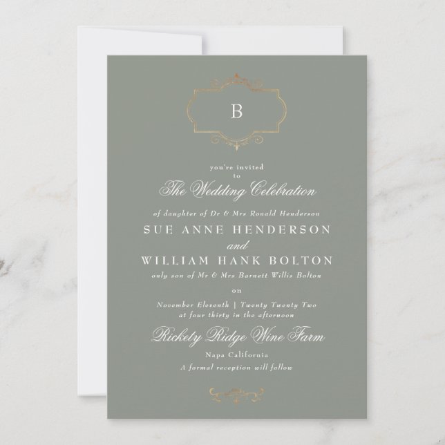 Invitation élégant antique sage classique or monogramme maria (Devant)