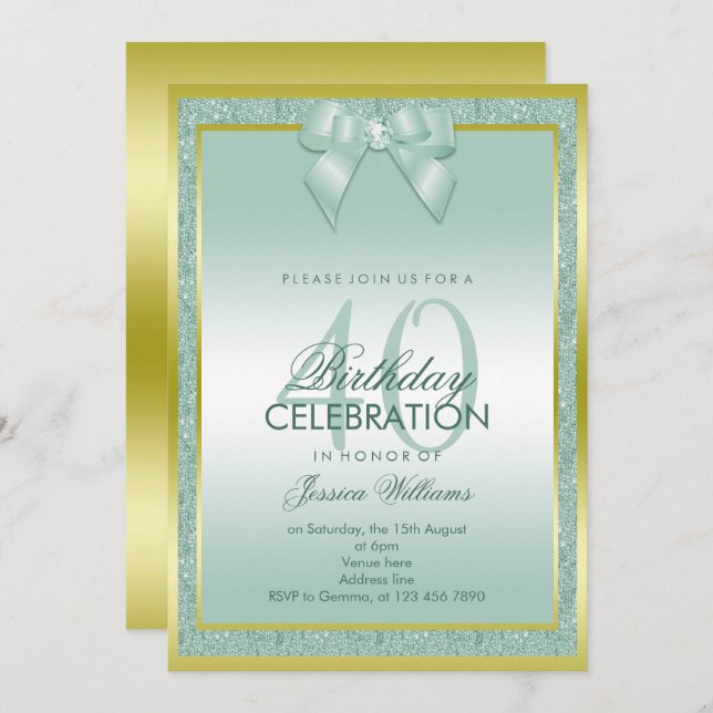 Invitation Elégant Aqua Bow & Sparkly Parties scintillant 40e (Devant / Derrière)