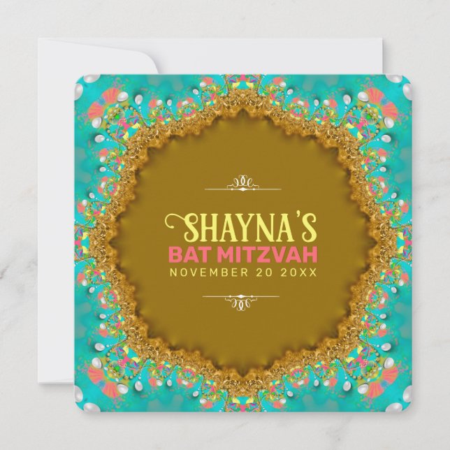 Invitation Elégant Aqua Gold Bat mitzvah en dentelle satinée (Devant)