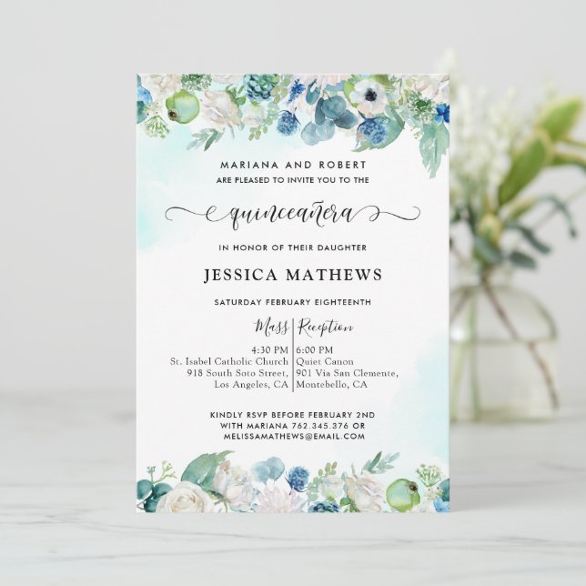Invitation Elégant Aqua Turquoise Quinceañera Aquarelle Flora (Debout devant)