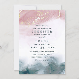 Invitation Elégant Aquarelle Alcool Encre Bleu Mariage