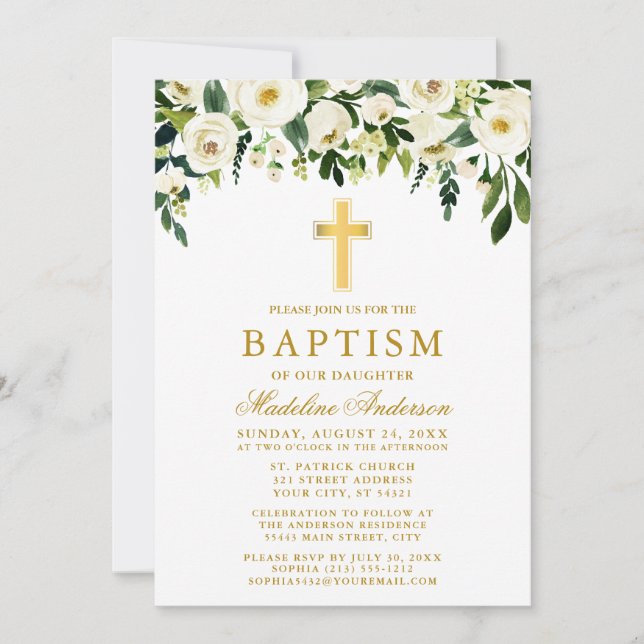 Invitation Elégant Aquarelle Blanc Floral Or Baptême (Devant)