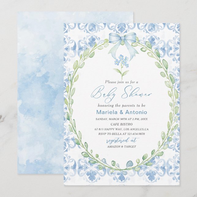Invitation Elégant Aquarelle bleu Bow Boy Baby shower (Devant / Derrière)