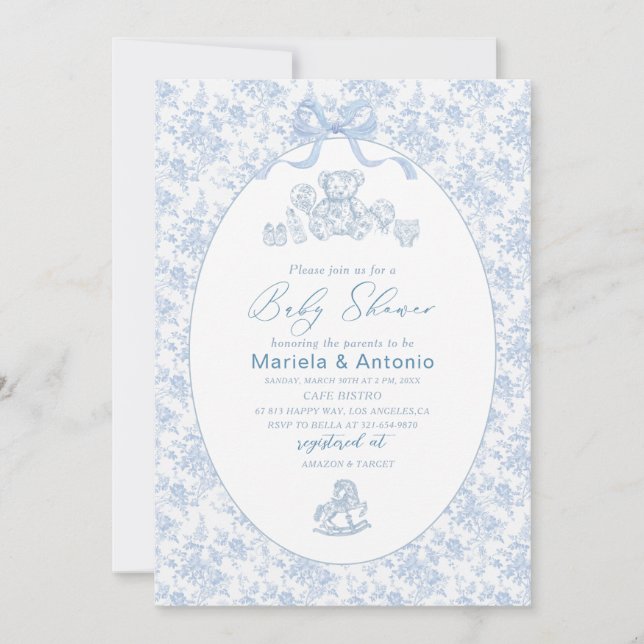 Invitation Elégant Aquarelle bleu Bow Toys Baby shower garçon (Devant)